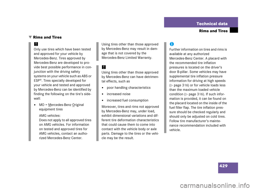 MERCEDES-BENZ C55AMG 2006 W203 User Guide 429 Technical data
Rims and Tires
Rims and Tires
!
Only use tires which have been tested 
and approved for your vehicle by 
Mercedes-Benz. Tires approved by 
Mercedes-Benz are developed to pro-
vide 