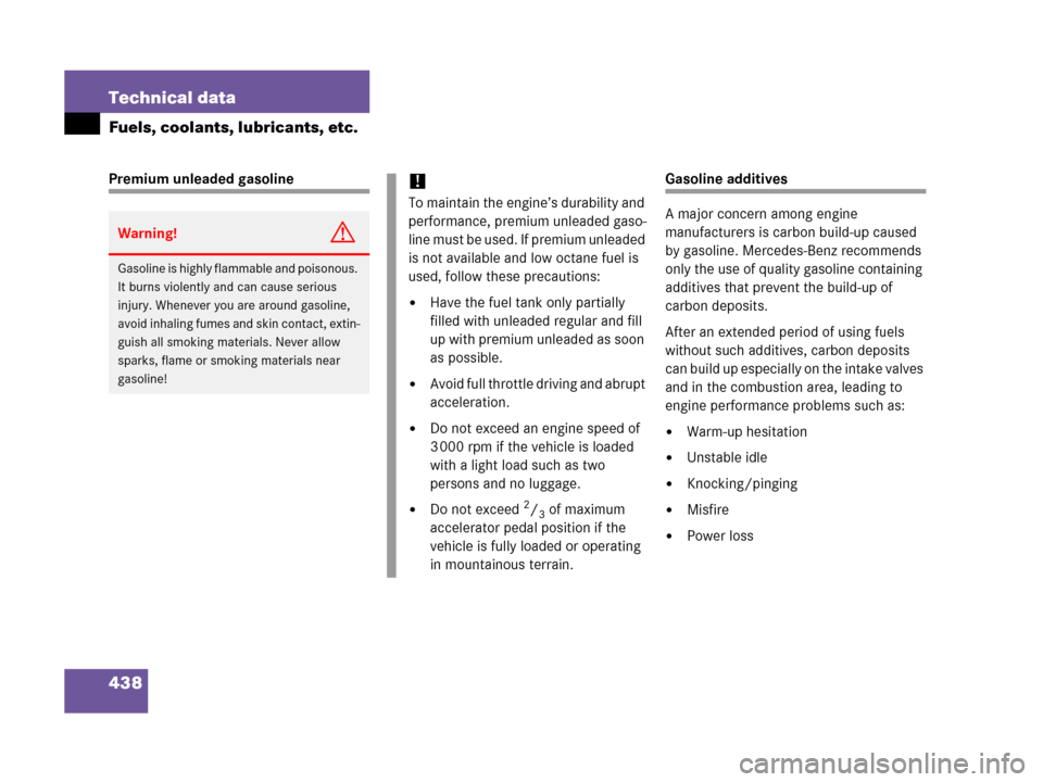MERCEDES-BENZ C55AMG 2006 W203 Owners Guide 438 Technical data
Fuels, coolants, lubricants, etc.
Premium unleaded gasolineGasoline additives
A major concern among engine 
manufacturers is carbon build-up caused 
by gasoline. Mercedes-Benz recom