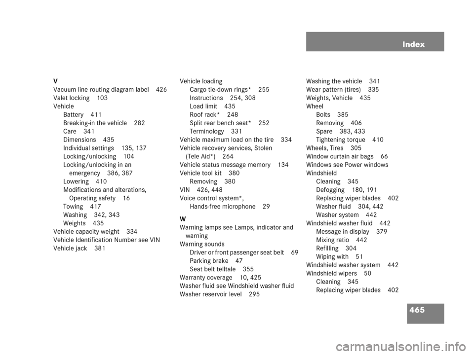 MERCEDES-BENZ C55AMG 2006 W203 Owners Manual 465 Index
V
Vacuum line routing diagram label 426
Valet locking 103
Vehicle
Battery 411
Breaking-in the vehicle 282
Care 341
Dimensions 435
Individual settings 135, 137
Locking/unlocking 104
Locking/u