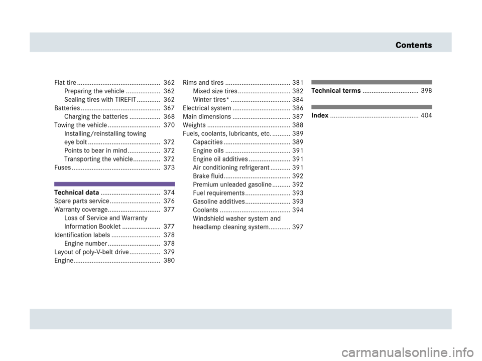 MERCEDES-BENZ SLR 2007 R199 Owners Manual Contents
Flat tire ..............................................  362
Preparing the vehicle ...................  362
Sealing tires with TIREFIT .............  362
Batteries ..........................