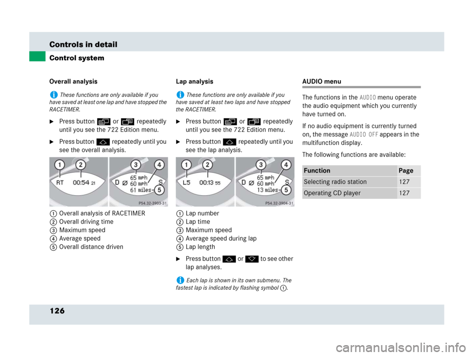 MERCEDES-BENZ SLR 2007 R199 Owners Manual 126 Controls in detail
Control system
Overall analysis
Press button è or ÿ repeatedly 
until you see the 722 Edition menu.
Press button j repeatedly until you 
see the overall analysis.
1Overall a