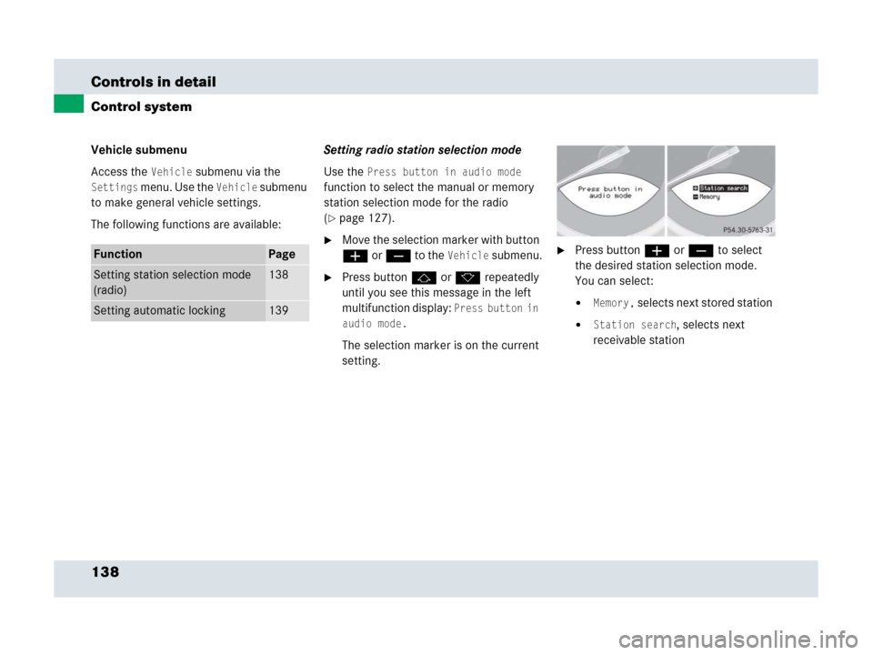 MERCEDES-BENZ SLR 2007 R199 Owners Manual 138 Controls in detail
Control system
Vehicle submenu
Access the 
Vehicle submenu via the 
Settings menu. Use the Vehicle submenu 
to make general vehicle settings. 
The following functions are availa