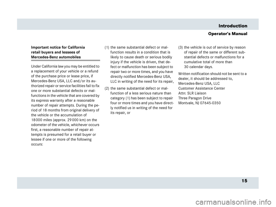 MERCEDES-BENZ SLR 2007 R199 User Guide 15 Introduction
Operator’s Manual
Important notice for California 
retail buyers and lessees of 
Mercedes-Benz automobiles
Under California law you may be entitled to 
a replacement of your vehicle 