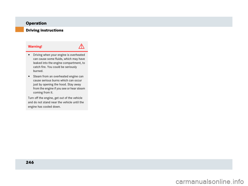 MERCEDES-BENZ SLR 2007 R199 Owners Manual 246 Operation
Driving instructions
Warning!G
Driving when your engine is overheated 
can cause some fluids, which may have 
leaked into the engine compartment, to 
catch fire. You could be seriously 