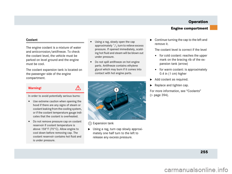 MERCEDES-BENZ SLR 2007 R199 Owners Manual 255 Operation
Engine compartment
Coolant
The engine coolant is a mixture of water 
and anticorrosion/antifreeze. To check 
the coolant level, the vehicle must be 
parked on level ground and the engine