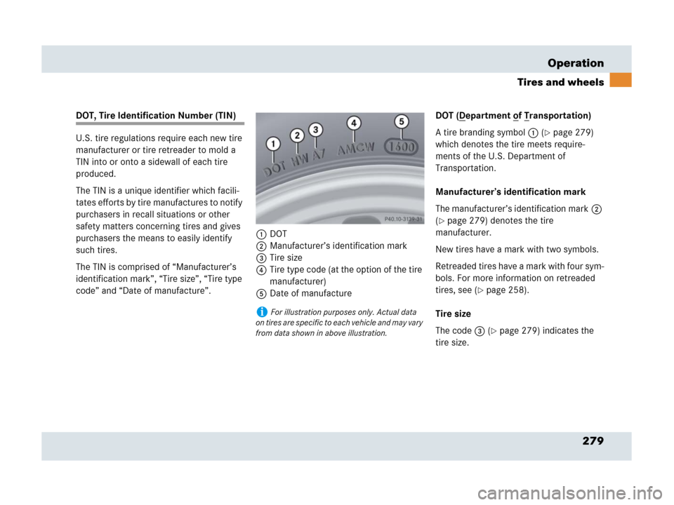 MERCEDES-BENZ SLR 2007 R199 Owners Manual 279 Operation
Tires and wheels
DOT, Tire Identification Number (TIN)
U.S. tire regulations require each new tire 
manufacturer or tire retreader to mold a 
TIN into or onto a sidewall of each tire 
pr