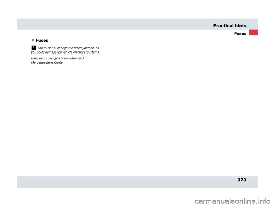 MERCEDES-BENZ SLR 2007 R199 Owners Manual 373 Practical hints
Fuses
Fuses
!You must not change the fuses yourself, as 
you could damage the vehicle electrical systems.
Have fuses changed at an authorized 
Mercedes-Benz Center. 