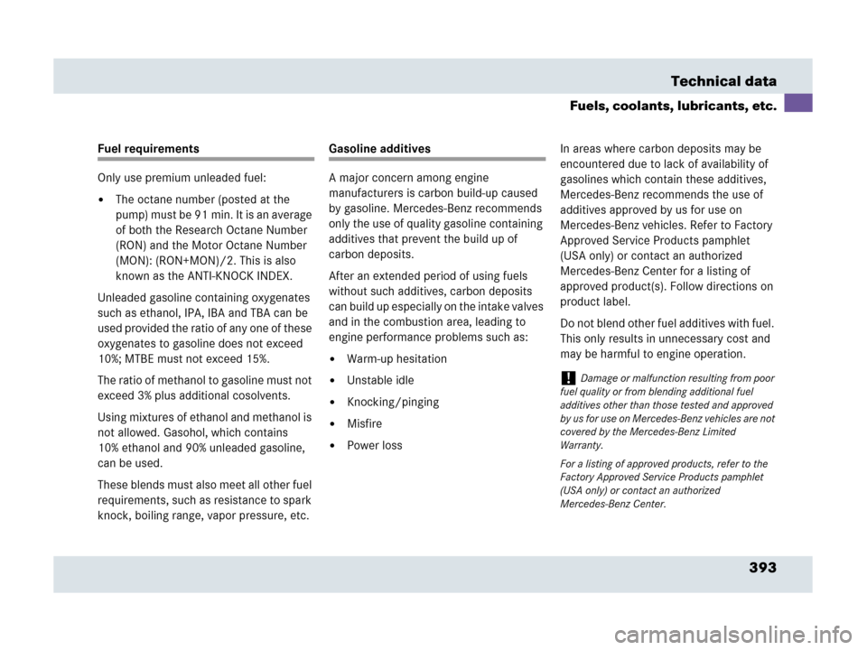 MERCEDES-BENZ SLR 2007 R199 Owners Manual 393 Technical data
Fuels, coolants, lubricants, etc.
Fuel requirements
Only use premium unleaded fuel:
The octane number (posted at the 
pump) must be 91 min. It is an average 
of both the Research O