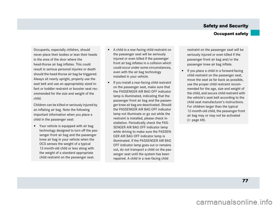 MERCEDES-BENZ SLR 2007 R199 Manual PDF 77 Safety and Security
Occupant safety
Occupants, especially children, should 
never place their bodies or lean their heads 
in the area of the door where the 
head-thorax air bag inflates. This could