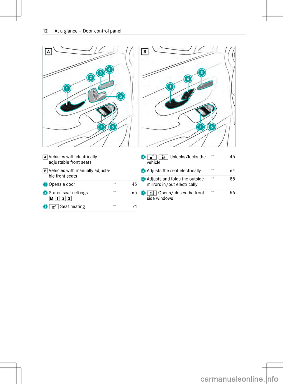 MERCEDES-BENZ METRIS 2021 MY21 Operators Manual 0057
Ve
hicles wit helectrically
adjus table front seats
0058 Ve
hicles wit hmanually adjus ta‐
ble front seats
1 Opens adoor →
45
2 Stores seat settings
0063004700480049 →
65
3 @ Seat heating MERCEDES-BENZ METRIS 2021 MY21 Operators Manual 0057
Ve
hicles wit helectrically
adjus table front seats
0058 Ve
hicles wit hmanually adjus ta‐
ble front seats
1 Opens adoor →
45
2 Stores seat settings
0063004700480049 →
65
3 @ Seat heating