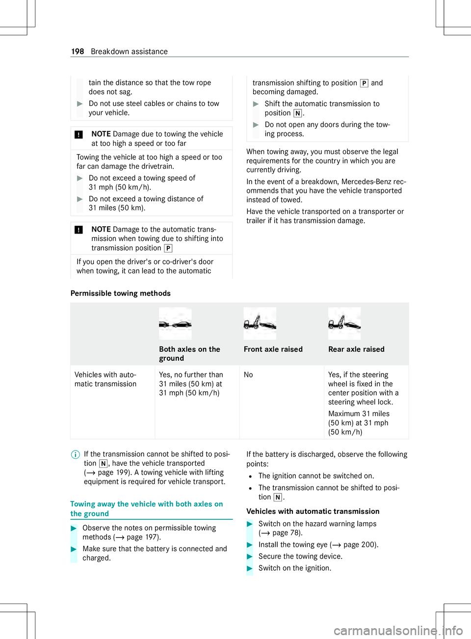 MERCEDES-BENZ METRIS 2021  MY21 Operators Manual ta
in thed ista nce so that thet ow ro pe
does no tsag. #
Do no tuse steel cables or chains to tow
yo ur vehicle. *
NO
TEDama gedue to to wing thev ehicle
at tooh igh aspeed or toof ar To
wing thev eh