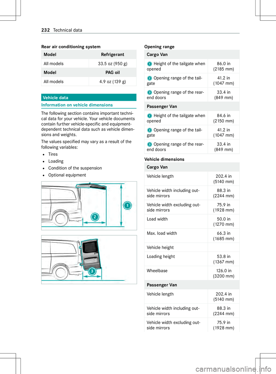 MERCEDES-BENZ METRIS 2021 MY21 Operators Manual Re
ar air conditioning sy stem Model
Refrigerant
All model s3 3.5 oz (950 g) Model
PAGo il
All models 4.9 oz (139 g)Ve
hicl edata Information on
vehicl edimensions The
following section con tains impo MERCEDES-BENZ METRIS 2021 MY21 Operators Manual Re
ar air conditioning sy stem Model
Refrigerant
All model s3 3.5 oz (950 g) Model
PAGo il
All models 4.9 oz (139 g)Ve
hicl edata Information on
vehicl edimensions The
following section con tains impo