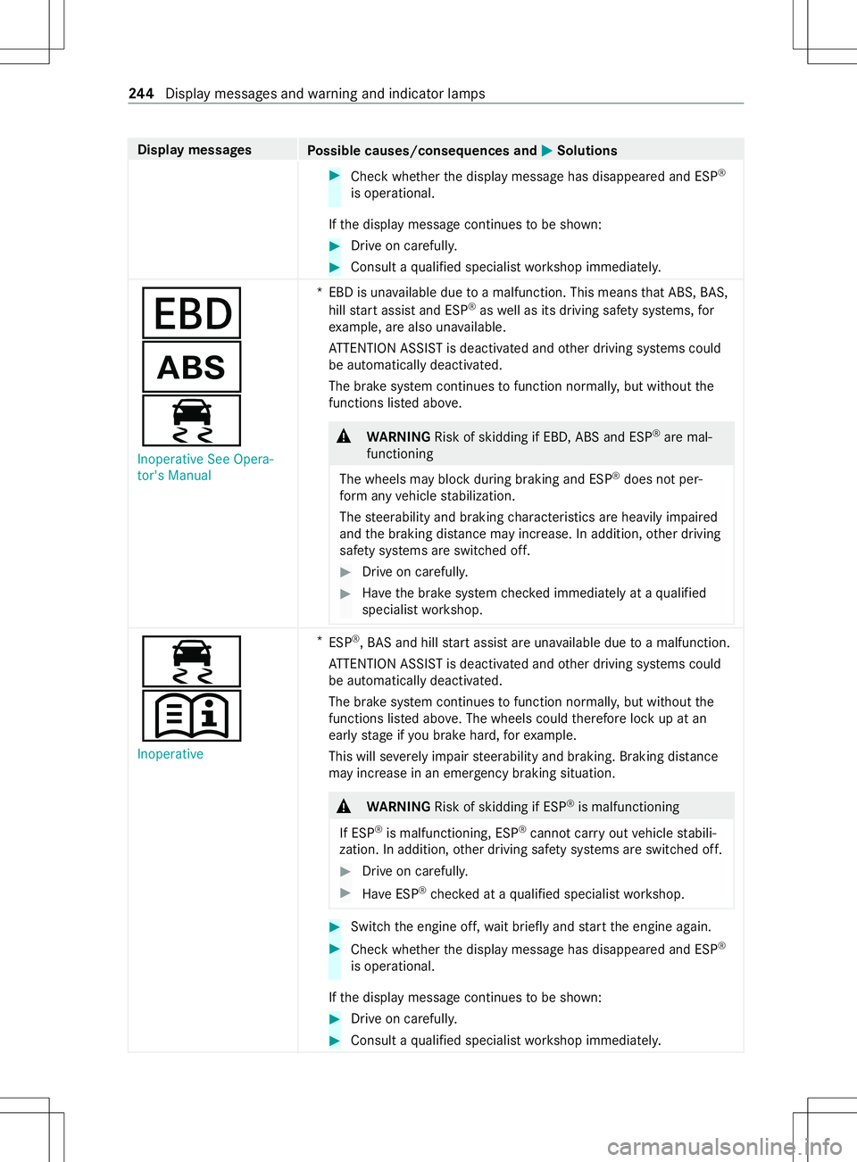MERCEDES-BENZ METRIS 2021 MY21 Operators Manual Displa
ymessages
Possible causes/consequences and 0050 0050Solutions #
Chec kwhether thed ispla ymessag ehas disappeared and ESP ®
is operational.
If th ed ispla ymessag econtinues tobe shown: #
Driv MERCEDES-BENZ METRIS 2021 MY21 Operators Manual Displa
ymessages
Possible causes/consequences and 0050 0050Solutions #
Chec kwhether thed ispla ymessag ehas disappeared and ESP ®
is operational.
If th ed ispla ymessag econtinues tobe shown: #
Driv