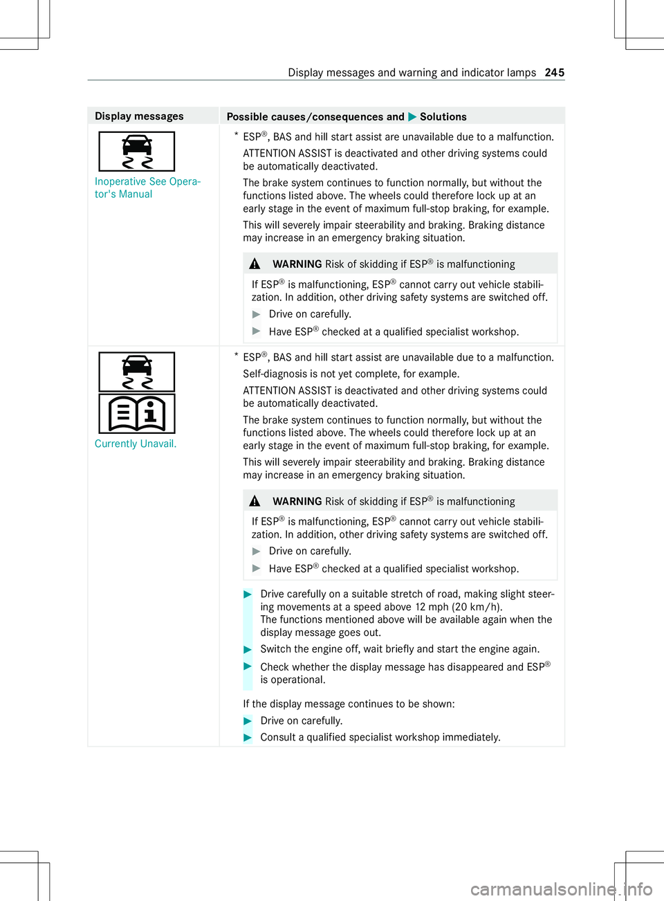 MERCEDES-BENZ METRIS 2021  MY21 Operators Manual Displa
ymessages
Possible causes/consequences and 0050 0050Solutions
00E5
Inoperative See Opera-
tor's Manual *
ESP ®
,B AS and hil lstart assis tare una vailable due toam alfunction.
AT TENTION 