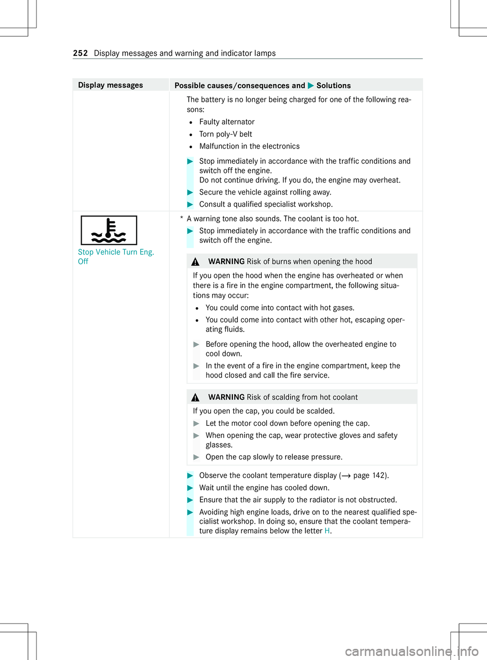 MERCEDES-BENZ METRIS 2021 MY21 Operators Manual Displa
ymessages
Possible causes/consequences and 0050 0050Solutions
The batter yisnolonger being charge df or one of thef ollowing rea‐
sons:
R Faulty alternator
R Torn pol y-Vb elt
R Malfunction i MERCEDES-BENZ METRIS 2021 MY21 Operators Manual Displa
ymessages
Possible causes/consequences and 0050 0050Solutions
The batter yisnolonger being charge df or one of thef ollowing rea‐
sons:
R Faulty alternator
R Torn pol y-Vb elt
R Malfunction i