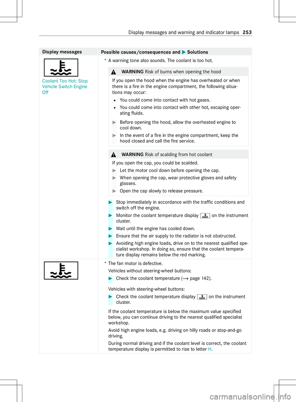 MERCEDES-BENZ METRIS 2021 MY21 Operators Manual Displa
ymessages
Possible causes/consequences and 0050 0050Solutions
00AC
Coolant Too Hot: Stop
Vehicle Switc hEngine
Off *A
warning tone also sounds. The coolant is tooh ot. &
WARNING Risk of bu rnsw MERCEDES-BENZ METRIS 2021 MY21 Operators Manual Displa
ymessages
Possible causes/consequences and 0050 0050Solutions
00AC
Coolant Too Hot: Stop
Vehicle Switc hEngine
Off *A
warning tone also sounds. The coolant is tooh ot. &
WARNING Risk of bu rnsw