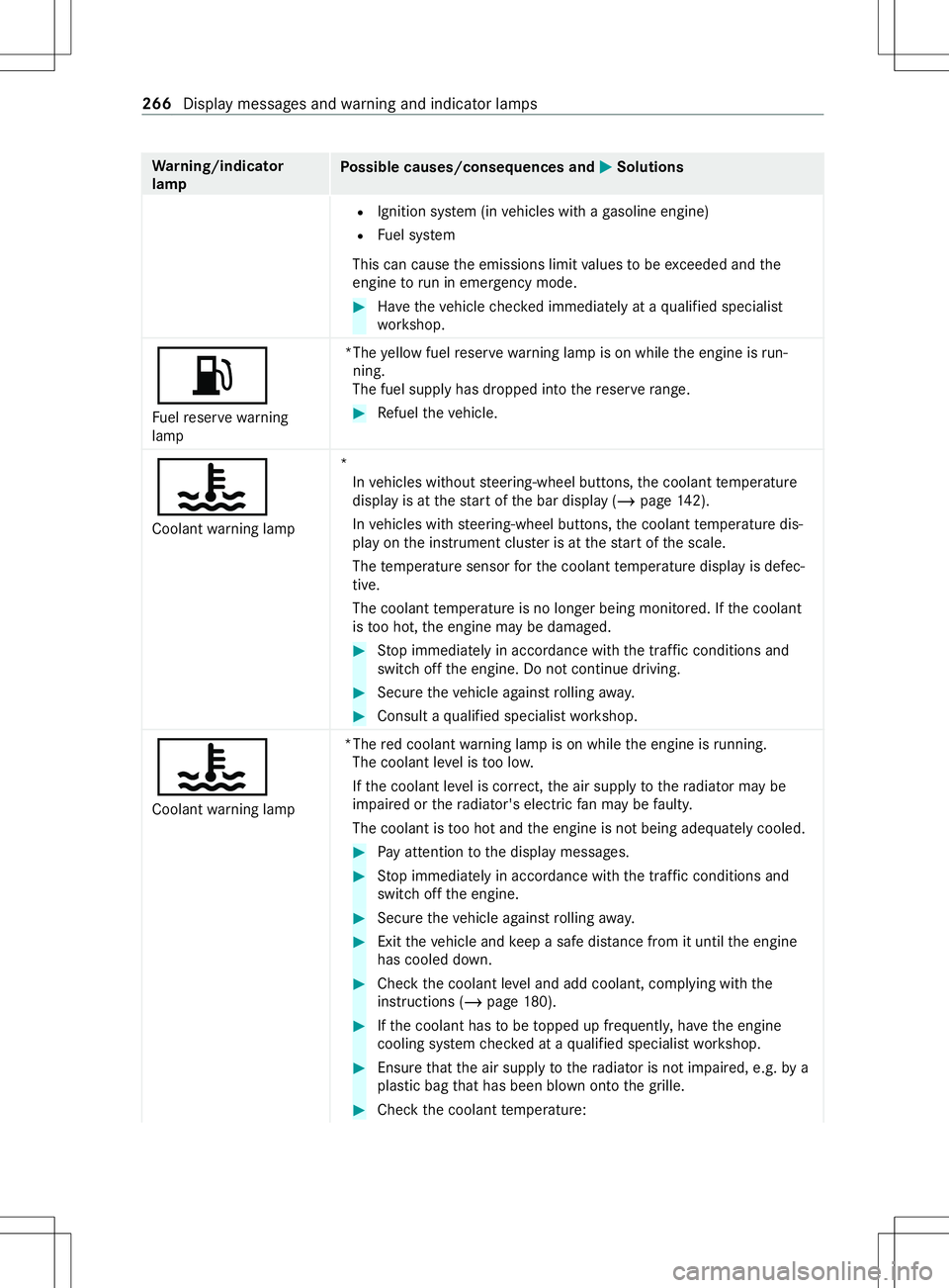 MERCEDES-BENZ METRIS 2021 MY21 Operators Manual Wa
rning/indicator
lamp Po
ssible causes/consequences and 0050 0050Solutions
R Ignition sy stem (in vehicles wit hagasoline engine)
R Fuel sy stem
This can cause thee missions limit values tobe exc ee MERCEDES-BENZ METRIS 2021 MY21 Operators Manual Wa
rning/indicator
lamp Po
ssible causes/consequences and 0050 0050Solutions
R Ignition sy stem (in vehicles wit hagasoline engine)
R Fuel sy stem
This can cause thee missions limit values tobe exc ee