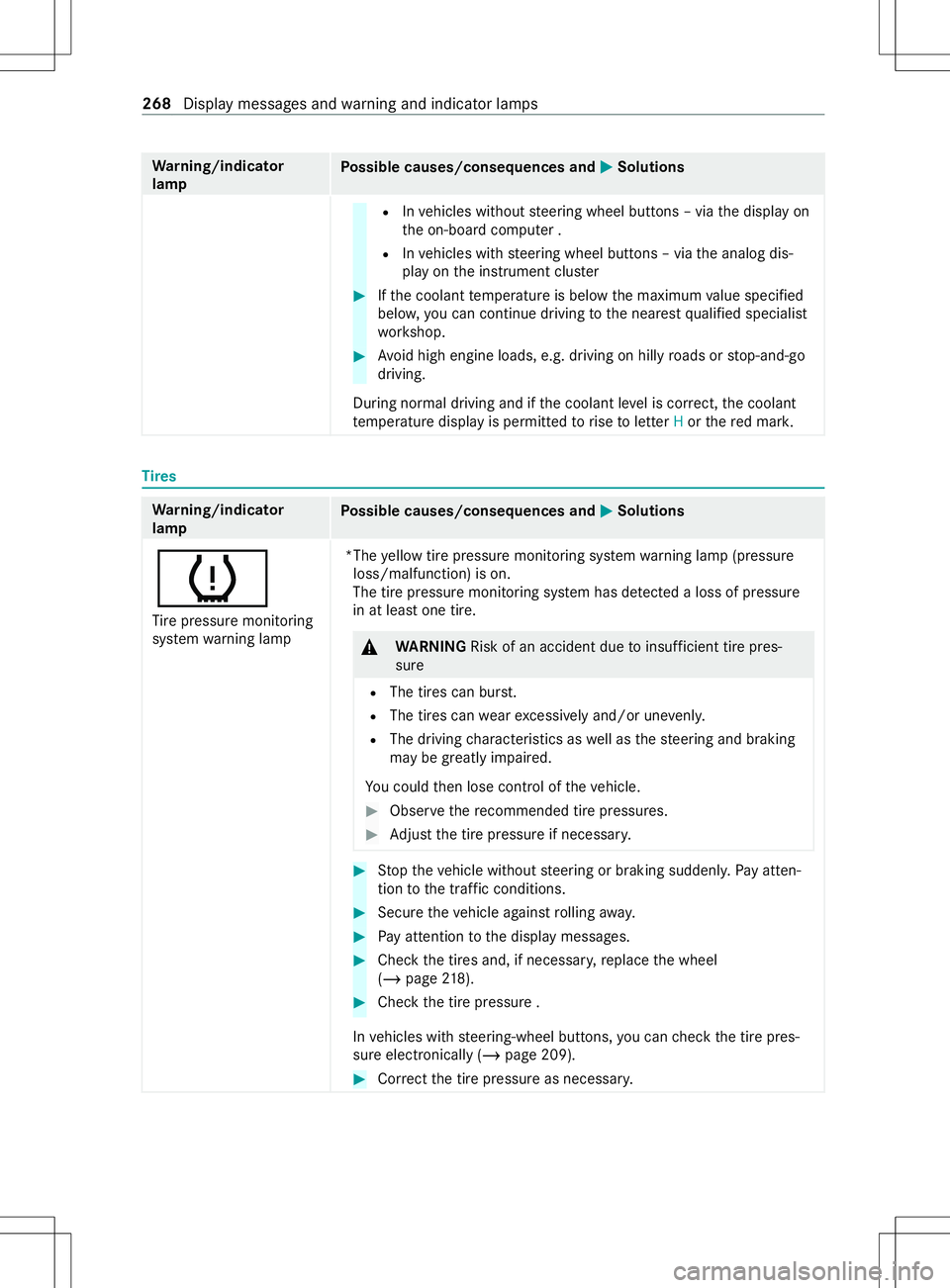 MERCEDES-BENZ METRIS 2021  MY21 Operators Manual Wa
rning/indicator
lamp Po
ssible causes/consequences and 0050 0050Solutions R
Invehicles without steering wheel buttons –viathed ispla yon
th eo n-boar dcomputer .
R Invehicles wit hsteering wheel 