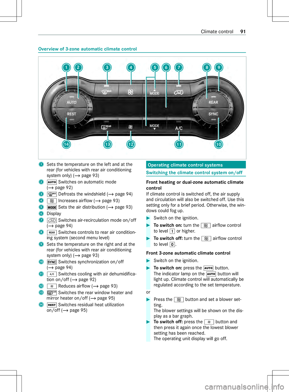 MERCEDES-BENZ METRIS 2021 MY21 Operators Manual Overvie
wof3-zone automatic climat econtrol 1
Sets thet emperatur eonthe leftand at the
re ar (for vehicles wit hrear air conditioning
sy stem only) (/ page93)
2 0058 Switches on automatic mode
(/ pag MERCEDES-BENZ METRIS 2021 MY21 Operators Manual Overvie
wof3-zone automatic climat econtrol 1
Sets thet emperatur eonthe leftand at the
re ar (for vehicles wit hrear air conditioning
sy stem only) (/ page93)
2 0058 Switches on automatic mode
(/ pag