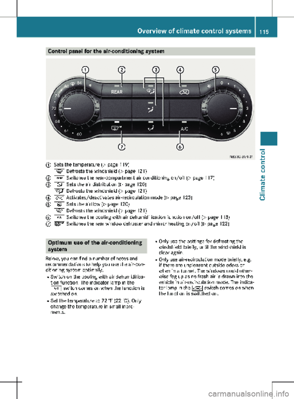 MERCEDES-BENZ METRIS 2020  MY20 Operator’s Manual Control panel for the air-conditioning system
:
Sets the temperature (Y page  119)
z Defrosts the windshield (Y page 
 121)
; / Switches the rear-compartment air conditioning on/off 
 (Y page 117)
= _