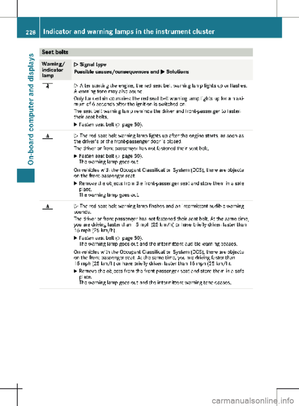 MERCEDES-BENZ METRIS 2020  MY20 Operator’s Manual Seat belts
Warning/
indicator 
lamp
N Signal type
Possible causes/consequences and 
M Solutionsü
N After starting the engine, the red seat belt warning lamp lights up or flashes.
A warning tone may a