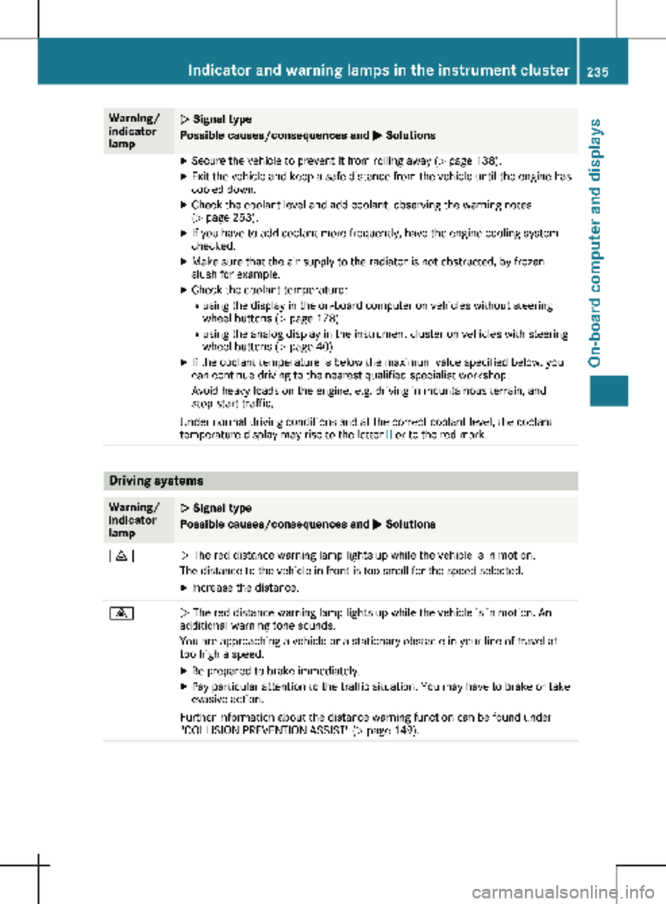 MERCEDES-BENZ METRIS 2020 MY20 Operator’s Manual Warning/
indicator
lamp
N Signal type
Possible causes/consequences and
M SolutionsX
Secure the vehicle to prevent it from rolling away ( Y page 138).
X Exit the vehicle and keep a safe distance fro MERCEDES-BENZ METRIS 2020 MY20 Operator’s Manual Warning/
indicator
lamp
N Signal type
Possible causes/consequences and
M SolutionsX
Secure the vehicle to prevent it from rolling away ( Y page 138).
X Exit the vehicle and keep a safe distance fro