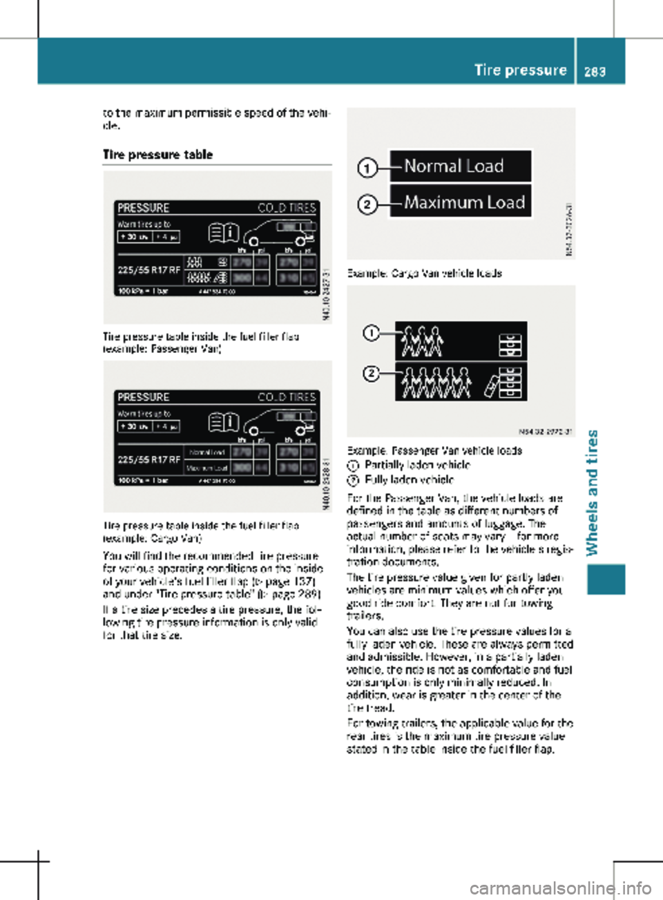 MERCEDES-BENZ METRIS 2020  MY20 Operator’s Manual to the maximum permissible speed of the vehi-
cle.
Tire pressure table Tire pressure table inside the fuel filler flap
(example: Passenger Van)
Tire pressure table inside the fuel filler flap
(example