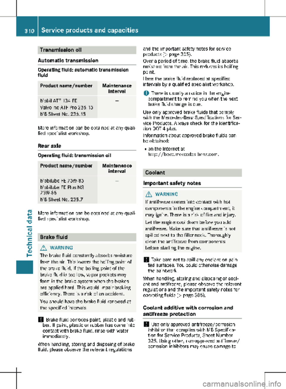 MERCEDES-BENZ METRIS 2020 MY20 Operator’s Manual Transmission oil
Automatic transmission Operating fluid: automatic transmission
fluid Product name/number Maintenance
interval Mobil ATF 134 FE
Valvoline ATF Pro 236.15
MB Sheet No. 236.15 —
More i MERCEDES-BENZ METRIS 2020 MY20 Operator’s Manual Transmission oil
Automatic transmission Operating fluid: automatic transmission
fluid Product name/number Maintenance
interval Mobil ATF 134 FE
Valvoline ATF Pro 236.15
MB Sheet No. 236.15 —
More i
