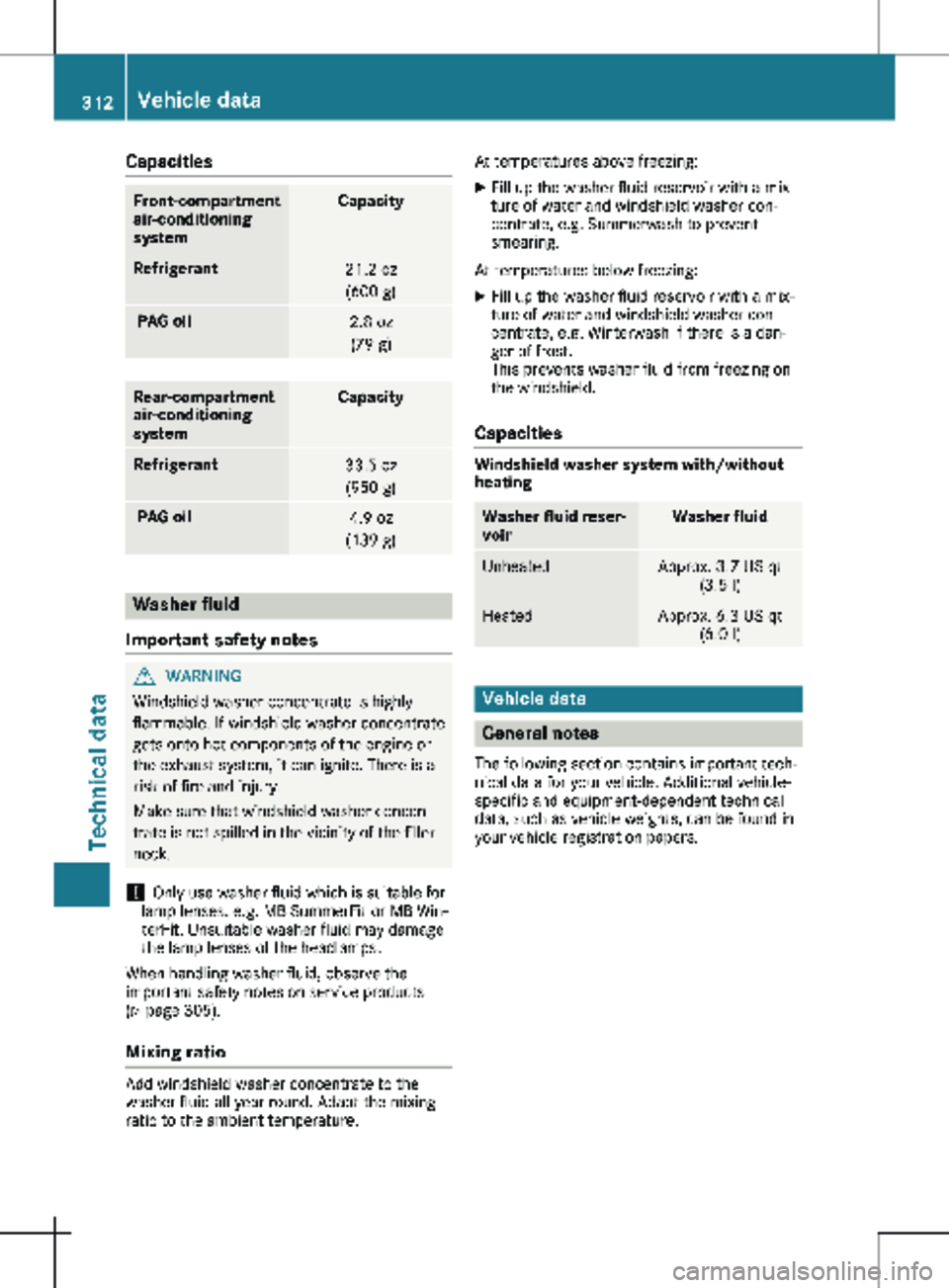 MERCEDES-BENZ METRIS 2020 MY20 Operator’s Manual Capacities
Front-compartment
air-conditioning
system Capacity
Refrigerant
21.2 oz
(600 g) PAG oil
2.8 oz
( 79 g) Rear-compartment
air-conditioning
system Capacity
Refrigerant
33.5 oz
(950 g) PAG oil MERCEDES-BENZ METRIS 2020 MY20 Operator’s Manual Capacities
Front-compartment
air-conditioning
system Capacity
Refrigerant
21.2 oz
(600 g) PAG oil
2.8 oz
( 79 g) Rear-compartment
air-conditioning
system Capacity
Refrigerant
33.5 oz
(950 g) PAG oil