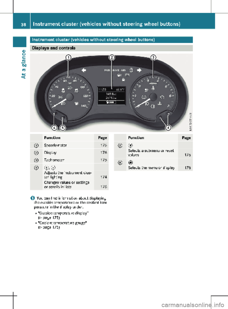 MERCEDES-BENZ METRIS 2020 MY20 Operator’s Manual Instrument cluster (vehicles without steering wheel buttons)
Displays and controls
Function Page
:
Speedometer 175
;
Display 176
=
Tachometer 175
?
f, g
Adjusts the instrument clus-
ter lighting
174
C MERCEDES-BENZ METRIS 2020 MY20 Operator’s Manual Instrument cluster (vehicles without steering wheel buttons)
Displays and controls
Function Page
:
Speedometer 175
;
Display 176
=
Tachometer 175
?
f, g
Adjusts the instrument clus-
ter lighting
174
C