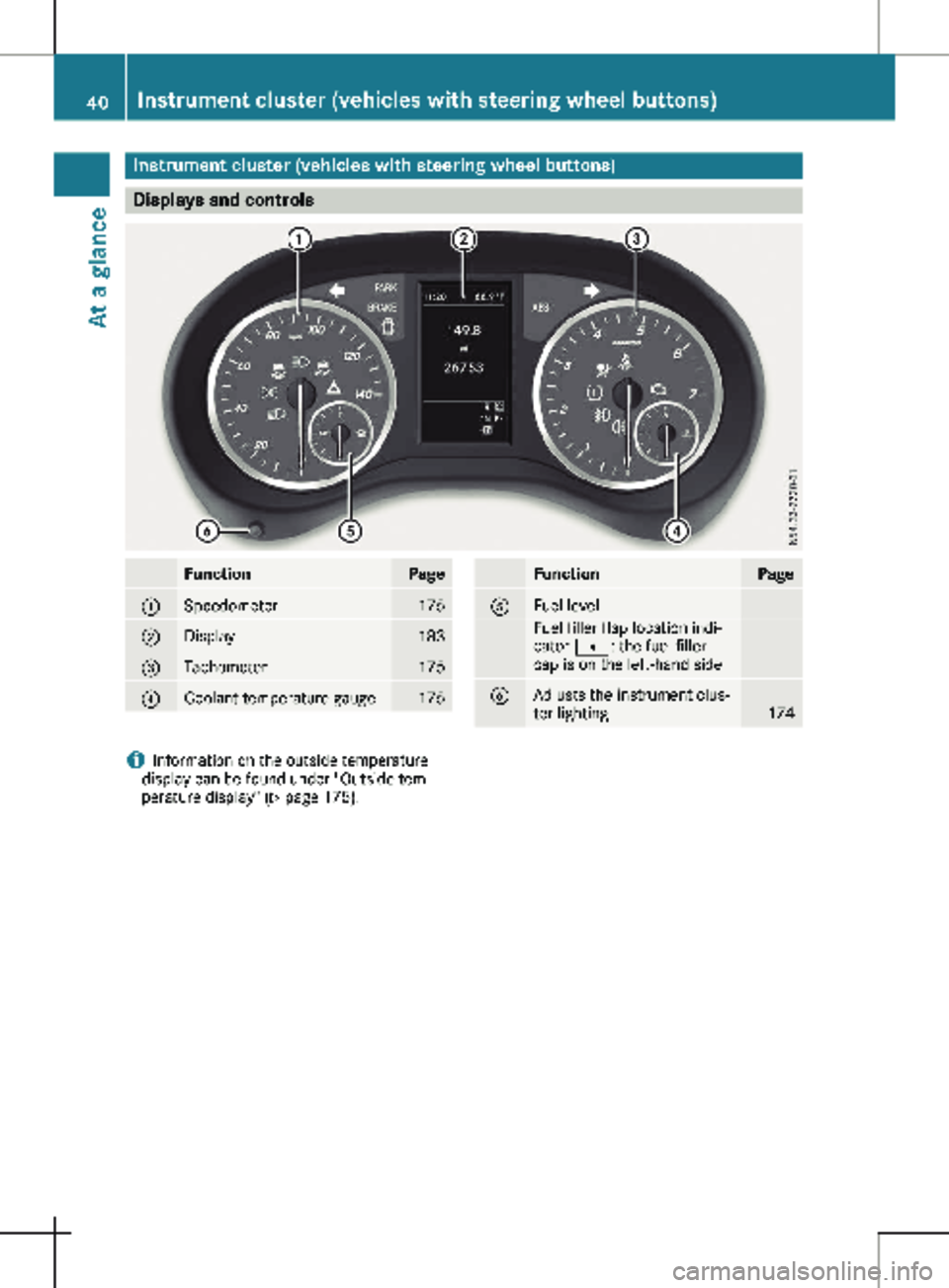 MERCEDES-BENZ METRIS 2020  MY20 Operator’s Manual Instrument cluster (vehicles with steering wheel buttons)
Displays and controls
Function Page
:
Speedometer 175
;
Display 183
=
Tachometer 175
?
Coolant temperature gauge 175 Function Page
A
Fuel leve