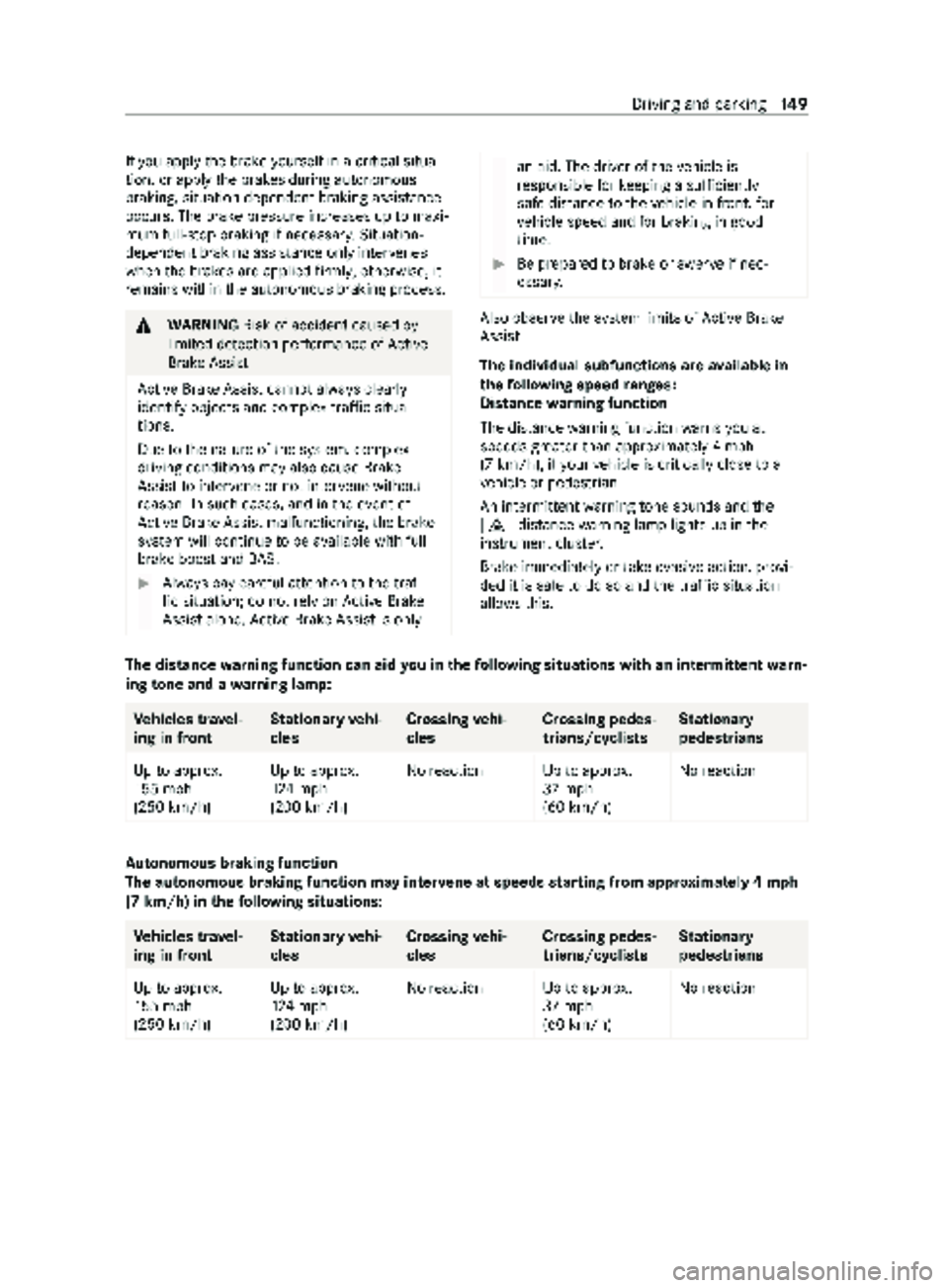 MERCEDES-BENZ SPRINTER 2020  MY20 with no MMS Operator’s Manual If
yo ua ppl ythe brak eyourself in acritical situa‐
tion, or appl ythe brakes during autonomous
braking, situation-dependent braking assis tance
occu rs.T he brak epressur eincreases up tomaxi‐
m