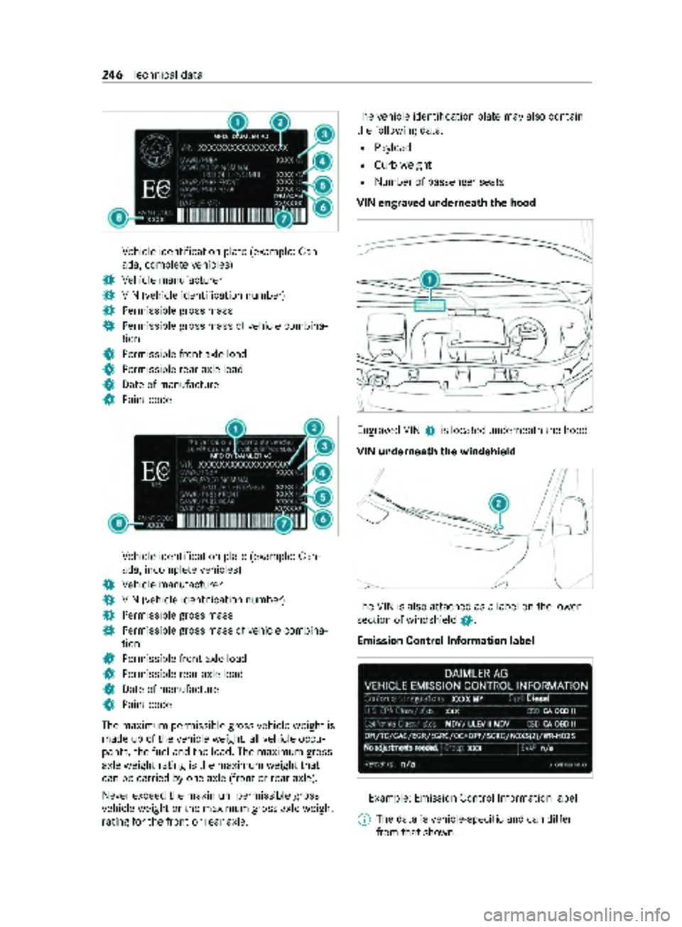 MERCEDES-BENZ SPRINTER 2020 MY20 with no MMS Operator’s Manual Ve
hicle identification plat e(example: Can‐
ada, comple te vehicles)
1 Vehicle manufacturer
2 VIN (vehicle identification number)
3 Perm issible grossmass
4 Perm issible grossmassofv ehicle combina MERCEDES-BENZ SPRINTER 2020 MY20 with no MMS Operator’s Manual Ve
hicle identification plat e(example: Can‐
ada, comple te vehicles)
1 Vehicle manufacturer
2 VIN (vehicle identification number)
3 Perm issible grossmass
4 Perm issible grossmassofv ehicle combina