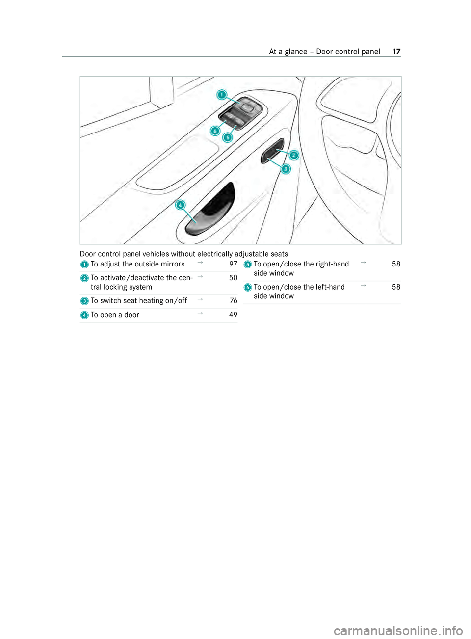 MERCEDES-BENZ SPRINTER 2020 MY20 with 7” screen Door control panel
vehicles without electricall yadjus table seats
1 Toadjus tthe outside mir rors →
97
2 Toactivate/deactivat ethe cen‐
tra llocking sy stem →
50
3 Toswitc hseat heating on/off MERCEDES-BENZ SPRINTER 2020 MY20 with 7” screen Door control panel
vehicles without electricall yadjus table seats
1 Toadjus tthe outside mir rors →
97
2 Toactivate/deactivat ethe cen‐
tra llocking sy stem →
50
3 Toswitc hseat heating on/off