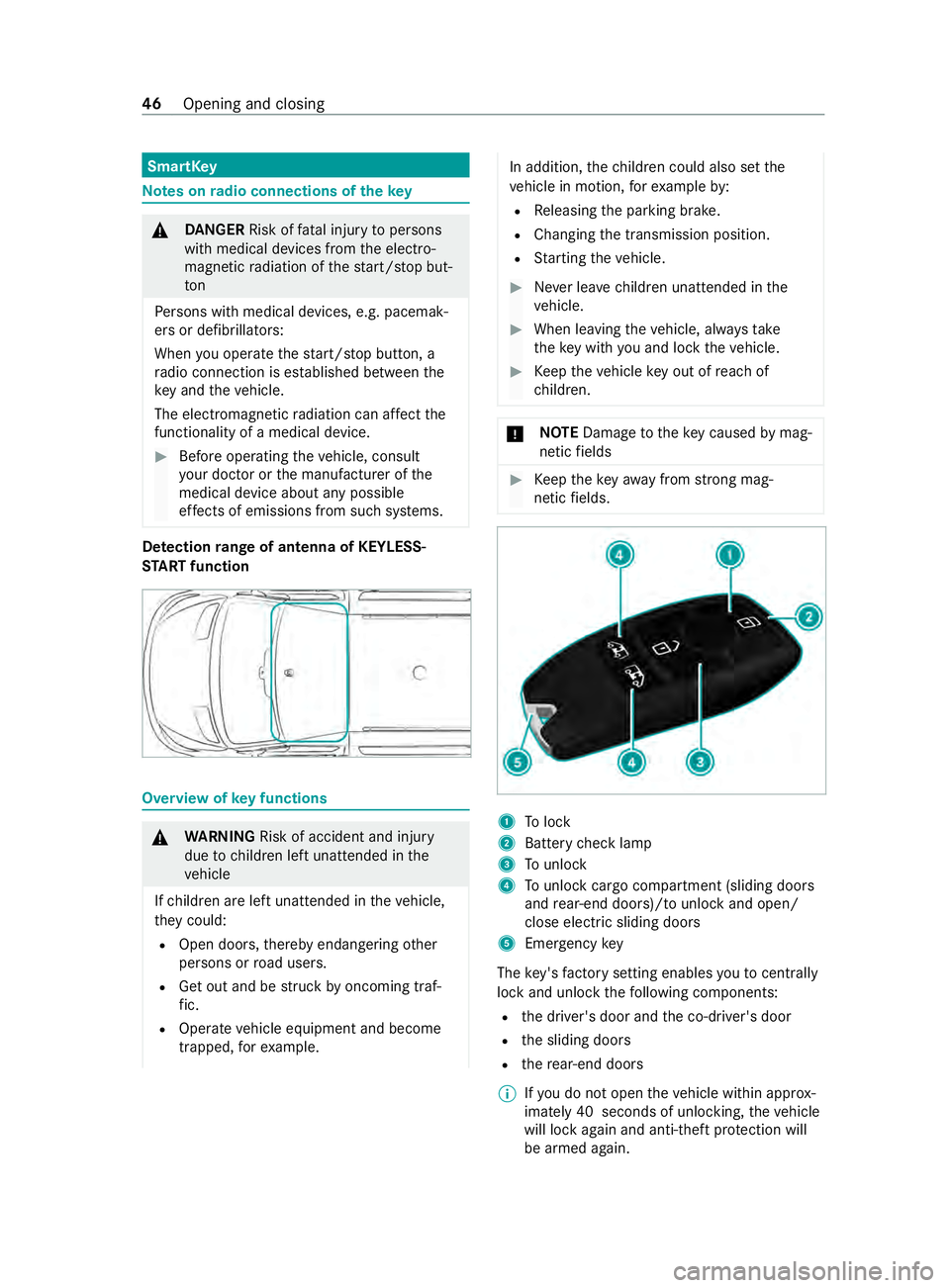 MERCEDES-BENZ SPRINTER 2020 MY20 with 7” screen SmartK
ey Note
sonr adio connection softhekey &
DANG ER Risk of fata linjur ytop ersons
wit hm edical devices from thee lectro‐
magnetic radiation of thes tart/s topb ut‐
ton
Pe rsons wit hmedical MERCEDES-BENZ SPRINTER 2020 MY20 with 7” screen SmartK
ey Note
sonr adio connection softhekey &
DANG ER Risk of fata linjur ytop ersons
wit hm edical devices from thee lectro‐
magnetic radiation of thes tart/s topb ut‐
ton
Pe rsons wit hmedical