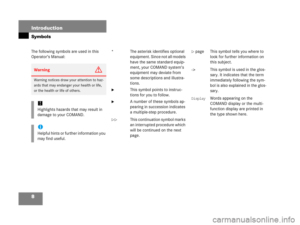 MERCEDES-BENZ SLK-Class 2007 R171 Comand Manual 8 Introduction
Symbols
The following symbols are used in this 
Operator’s Manual:* The asterisk identifies optional 
equipment. Since not all models 
have the same standard equip-
ment, your COMAND 