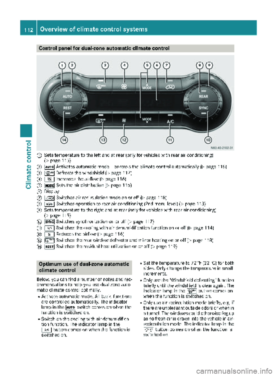 MERCEDES-BENZ METRIS 2019 MY19 Operator’s Manual Control panel for dual-zone automatic climate control
:Sets temperature to the left and at rear (only for vehicles with rear air conditioning)
(Ypage 115)
;ÃActivates automatic mode – controls the MERCEDES-BENZ METRIS 2019 MY19 Operator’s Manual Control panel for dual-zone automatic climate control
:Sets temperature to the left and at rear (only for vehicles with rear air conditioning)
(Ypage 115)
;ÃActivates automatic mode – controls the