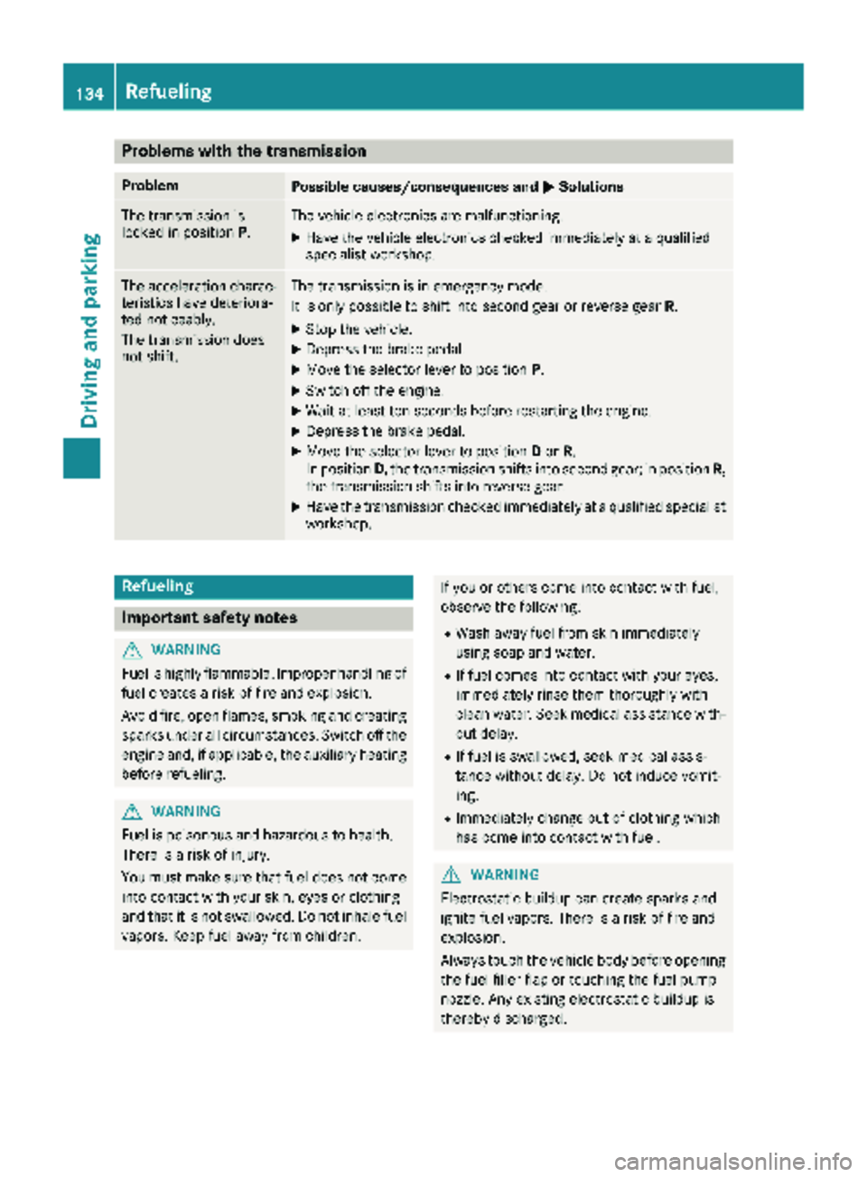 MERCEDES-BENZ METRIS 2019 MY19 Operator’s Manual Problems with the transmission
ProblemPossible causes/consequences andMSolutions
The transmission is
locked in positionP.The vehicle electronics are malfunctioning.
XHave the vehicle electronics check MERCEDES-BENZ METRIS 2019 MY19 Operator’s Manual Problems with the transmission
ProblemPossible causes/consequences andMSolutions
The transmission is
locked in positionP.The vehicle electronics are malfunctioning.
XHave the vehicle electronics check