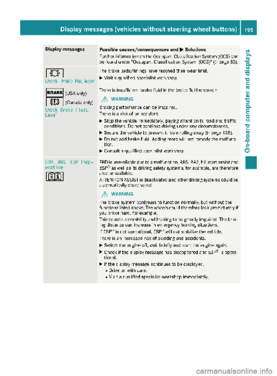 MERCEDES-BENZ METRIS 2019 MY19 Operator’s Manual Display messagesPossible causes/consequences andMSolutions
Further information on theOccupant Classification Syste m(OCS )can
be found under "Occupant Classification Syste m(OCS)" (Ypage 53).
MERCEDES-BENZ METRIS 2019 MY19 Operator’s Manual Display messagesPossible causes/consequences andMSolutions
Further information on theOccupant Classification Syste m(OCS )can
be found under "Occupant Classification Syste m(OCS)" (Ypage 53).