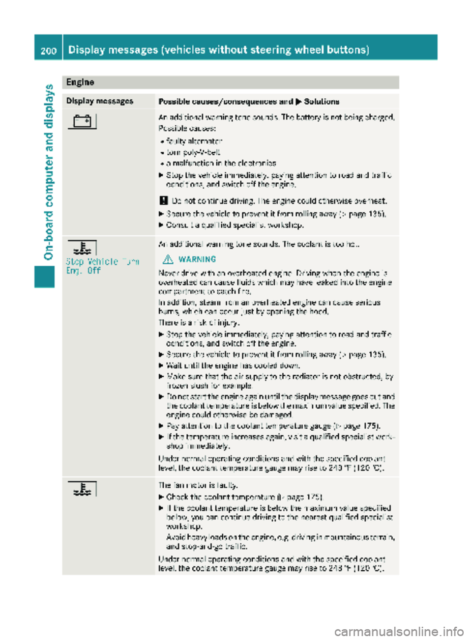 MERCEDES-BENZ METRIS 2019 MY19 Operator’s Manual Engine
Display messagesPossible causes/consequences andMSolutions
#An additional warning tone sounds. The battery is not being charged.
Possible causes:
Rfaulty alternator
Rtorn poly-V-belt
Ra malfunc MERCEDES-BENZ METRIS 2019 MY19 Operator’s Manual Engine
Display messagesPossible causes/consequences andMSolutions
#An additional warning tone sounds. The battery is not being charged.
Possible causes:
Rfaulty alternator
Rtorn poly-V-belt
Ra malfunc