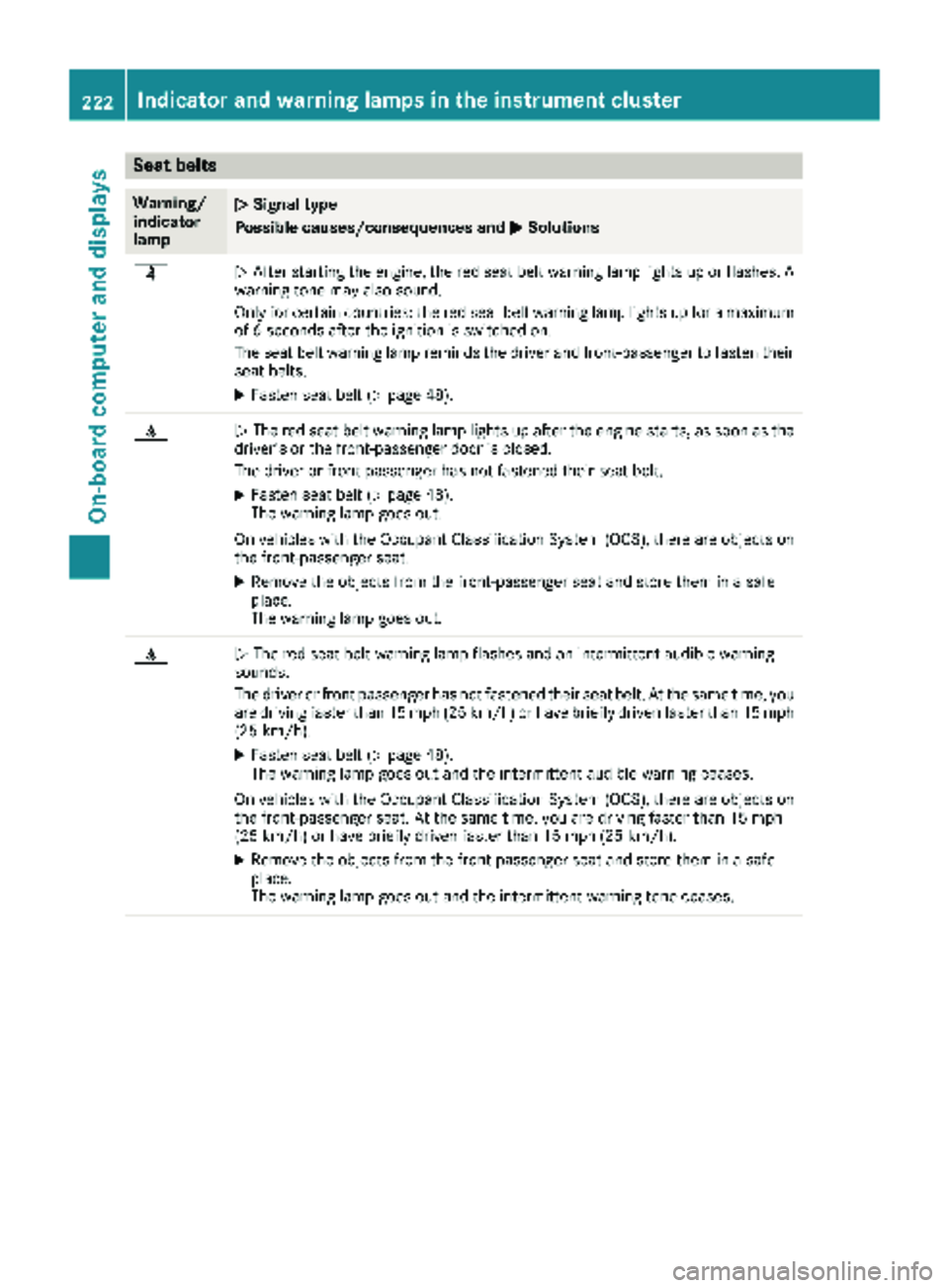 MERCEDES-BENZ METRIS 2019 MY19 Operator’s Manual Seat belts
Warning/
indicator
lampNSignal type
Possible causes/consequences and M
Solutions
üNAfter starting the engine, the red seat belt warning lamp lights up or flashes. A
warning tone may also s MERCEDES-BENZ METRIS 2019 MY19 Operator’s Manual Seat belts
Warning/
indicator
lampNSignal type
Possible causes/consequences and M
Solutions
üNAfter starting the engine, the red seat belt warning lamp lights up or flashes. A
warning tone may also s