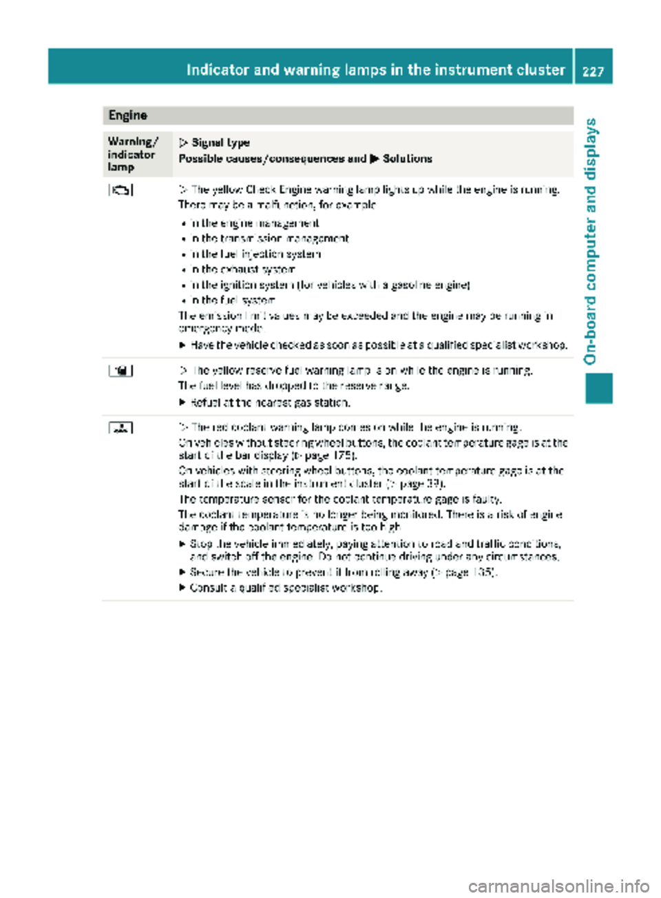 MERCEDES-BENZ METRIS 2019 MY19 Operator’s Manual Engine
Warning/
indicator
lampNSignal type
Possible causes/consequences and M
Solutions
;NThe yellow Check Engine warning lamp lights up while the engine is running.
There may be a malfunction, for ex MERCEDES-BENZ METRIS 2019 MY19 Operator’s Manual Engine
Warning/
indicator
lampNSignal type
Possible causes/consequences and M
Solutions
;NThe yellow Check Engine warning lamp lights up while the engine is running.
There may be a malfunction, for ex