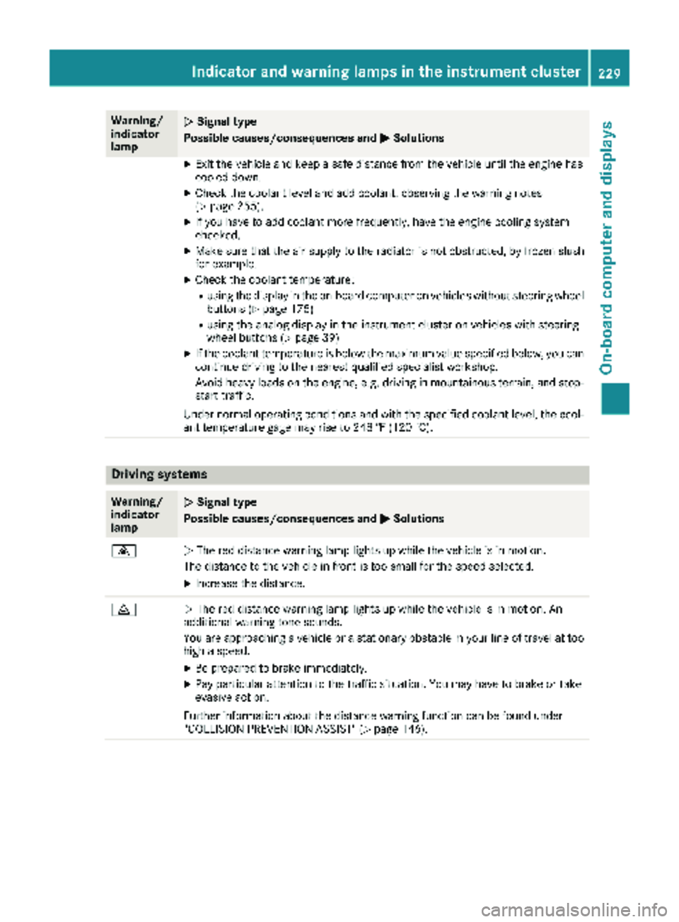 MERCEDES-BENZ METRIS 2019 MY19 Operator’s Manual Warning/
indicator
lampNSignal type
Possible causes/consequences and M
Solutions
XExit the vehicle and keep a safe distance from the vehicle until the engine has
cooled down.
XCheck the coolant level MERCEDES-BENZ METRIS 2019 MY19 Operator’s Manual Warning/
indicator
lampNSignal type
Possible causes/consequences and M
Solutions
XExit the vehicle and keep a safe distance from the vehicle until the engine has
cooled down.
XCheck the coolant level