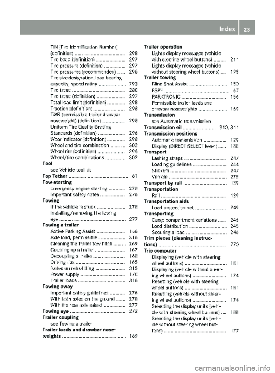 MERCEDES-BENZ METRIS 2019 MY19 Operator’s Manual TIN (Tire Identification Number)
(definition) .....................................298
Tire bead (definition) ......................2 97
Tire pressure (definition) ................ 297
Tire pressures MERCEDES-BENZ METRIS 2019 MY19 Operator’s Manual TIN (Tire Identification Number)
(definition) .....................................298
Tire bead (definition) ......................2 97
Tire pressure (definition) ................ 297
Tire pressures
