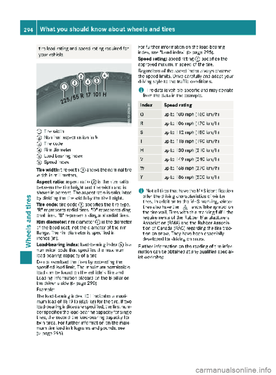 MERCEDES-BENZ METRIS 2019 MY19 Operator’s Manual tire load rating and speed rating required for
your vehicle.
:Tire width
;Nominal aspect ration in %
=Tire code
?Rim diameter
ALoad bearing index
BSpeed index
Tire width: tire width:shows the nominal MERCEDES-BENZ METRIS 2019 MY19 Operator’s Manual tire load rating and speed rating required for
your vehicle.
:Tire width
;Nominal aspect ration in %
=Tire code
?Rim diameter
ALoad bearing index
BSpeed index
Tire width: tire width:shows the nominal