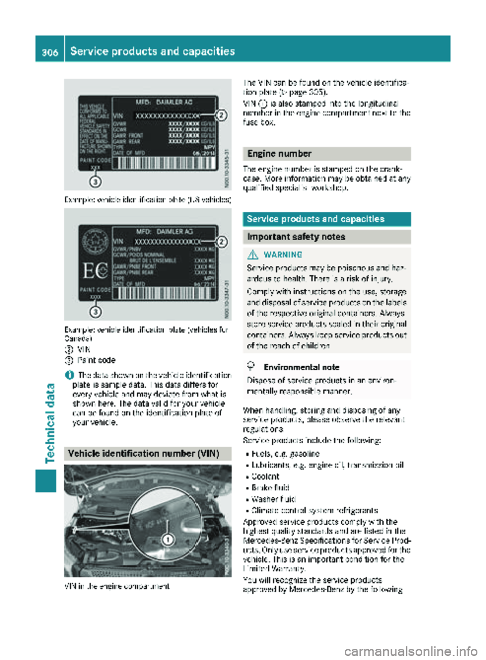 MERCEDES-BENZ METRIS 2019 MY19 Operator’s Manual Example: vehicle identification plate (US vehicles)
Example: vehicle identification plate (vehicles for
Canada)
;
VIN
=Paint code
iThe data shown on the vehicle identification
plate is sample data. Th MERCEDES-BENZ METRIS 2019 MY19 Operator’s Manual Example: vehicle identification plate (US vehicles)
Example: vehicle identification plate (vehicles for
Canada)
;
VIN
=Paint code
iThe data shown on the vehicle identification
plate is sample data. Th