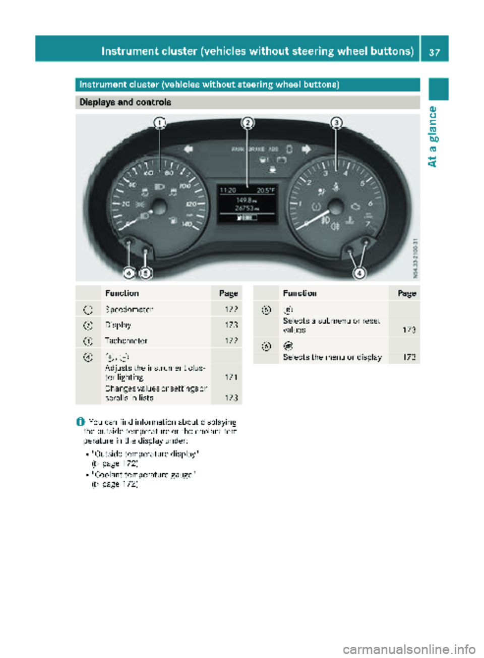 MERCEDES-BENZ METRIS 2019  MY19 Operator’s Manual Instrument cluster (vehicles without steering wheel buttons)
Displays and controls
FunctionPage
:Speedometer172
;Display173
=Tachometer172
?f, g
Adjusts th einstrumen tclus -
te rlighting17 1
Changes 
