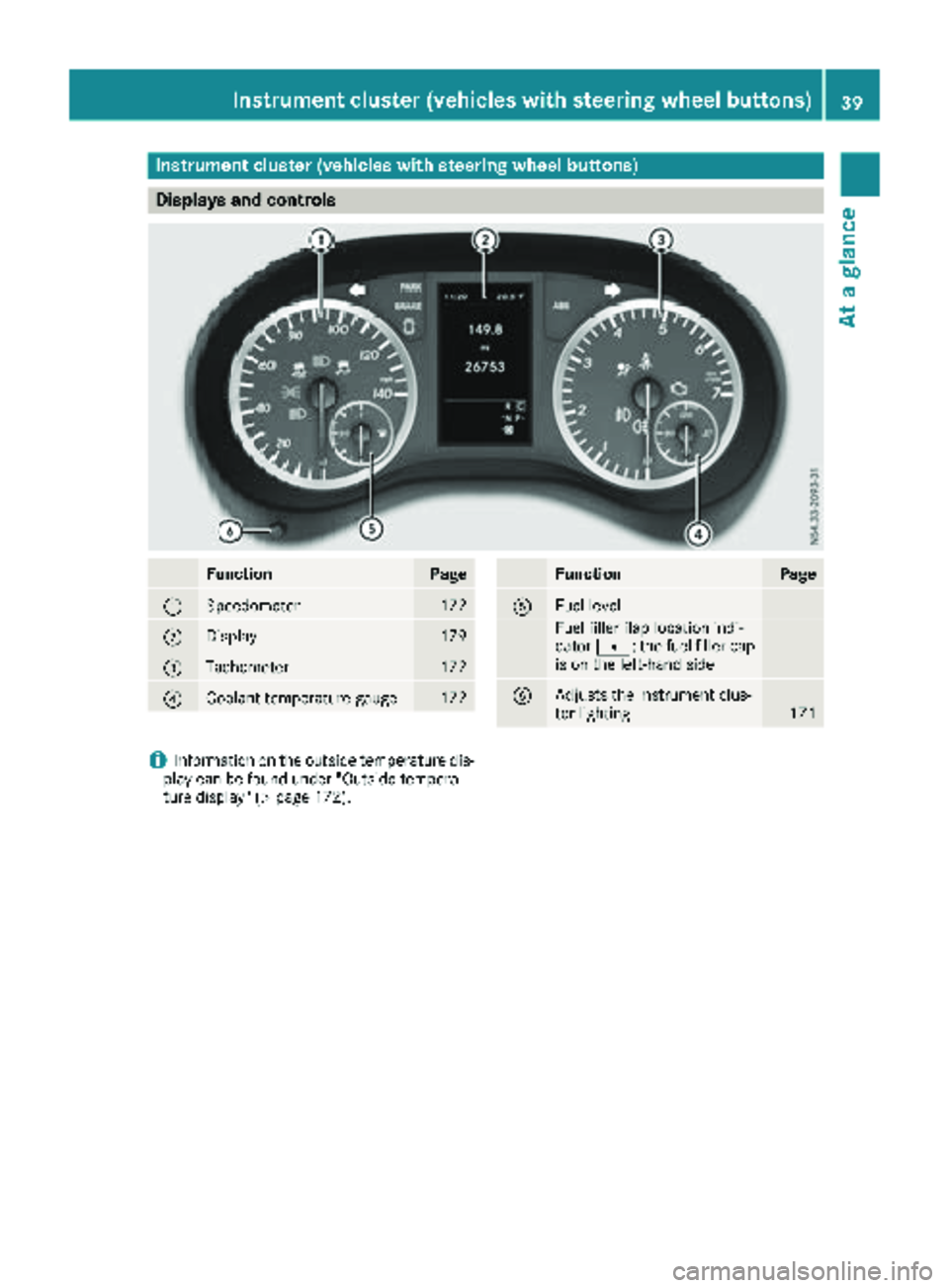 MERCEDES-BENZ METRIS 2019 MY19 Operator’s Manual Instrument cluster (vehicles with steering wheel buttons)
Displays and controls
FunctionPage
:Speedometer172
;Display179
=Tachometer172
?Coolan ttemperature gauge17 2
FunctionPag e
AFuellevel
Fue lfil MERCEDES-BENZ METRIS 2019 MY19 Operator’s Manual Instrument cluster (vehicles with steering wheel buttons)
Displays and controls
FunctionPage
:Speedometer172
;Display179
=Tachometer172
?Coolan ttemperature gauge17 2
FunctionPag e
AFuellevel
Fue lfil