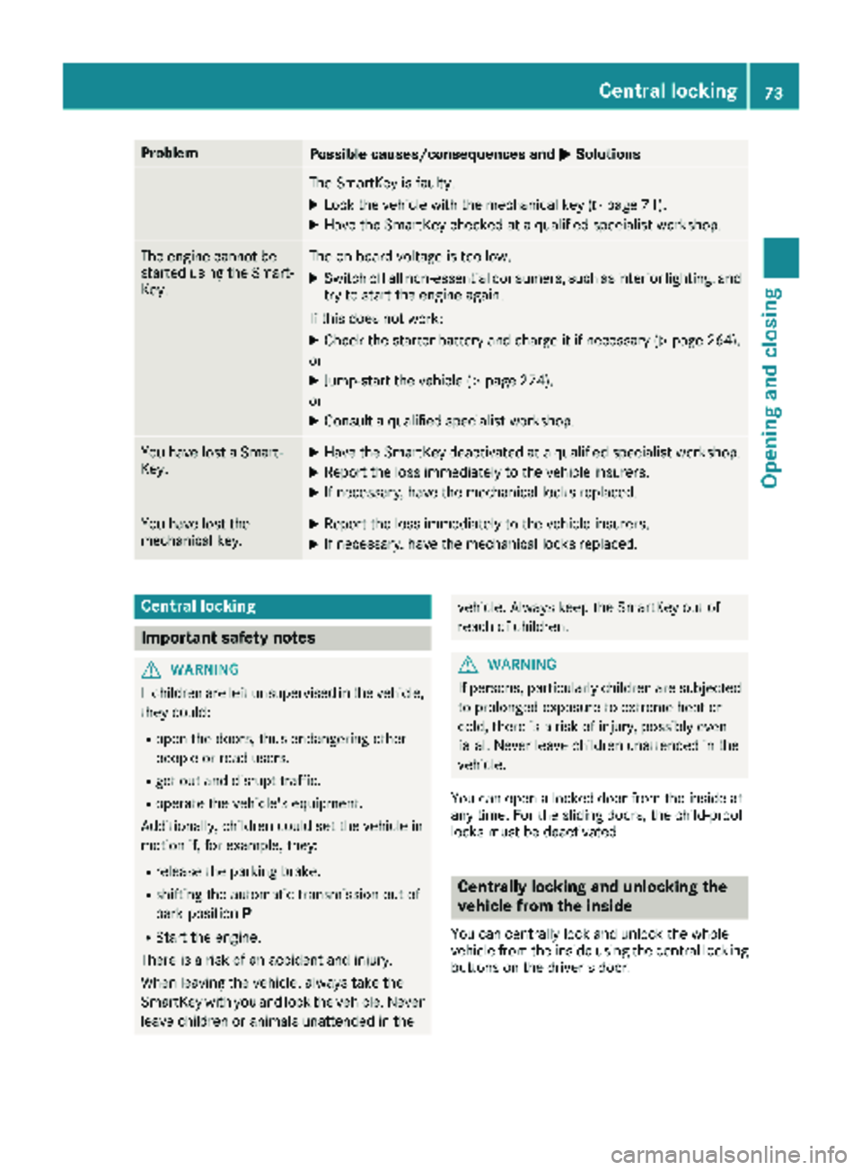 MERCEDES-BENZ METRIS 2019 MY19 Operator’s Manual ProblemPossible causes/consequences andMSolutions
The SmartKey is faulty.
XLock the vehicle with the mechanical key (Ypage 71).
XHave the SmartKey checked at a qualified specialist workshop.
The engin MERCEDES-BENZ METRIS 2019 MY19 Operator’s Manual ProblemPossible causes/consequences andMSolutions
The SmartKey is faulty.
XLock the vehicle with the mechanical key (Ypage 71).
XHave the SmartKey checked at a qualified specialist workshop.
The engin
