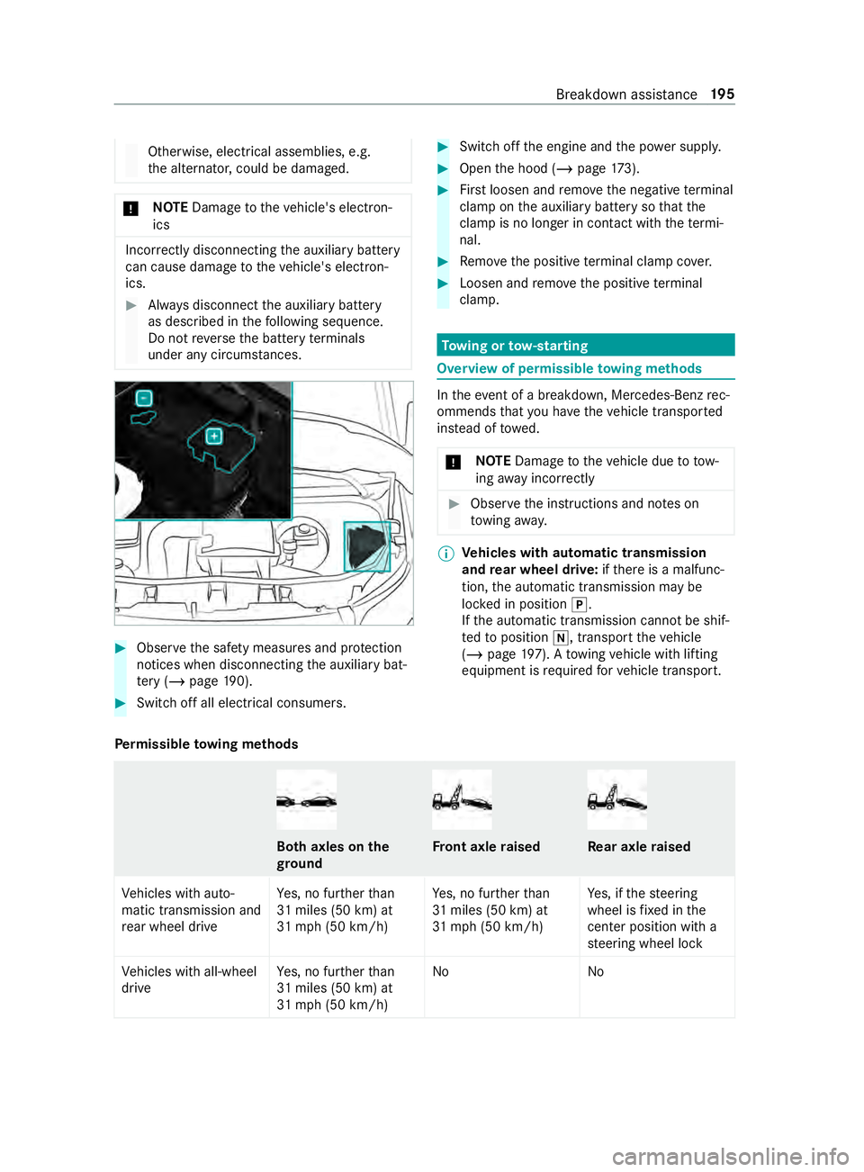 MERCEDES-BENZ SPRINTER 2019  MY19 with no MMS Operator’s Manual Otherwise, electrical assemblies, e.g.
th
ea lternator ,could be damaged. *
NO
TEDama getothev ehicle's electron‐
ics Incor
rectly disconnecting thea uxiliar ybattery
can cause damag etothevehic